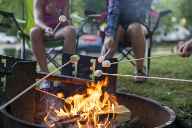 People sit around a campfire roasting marshmallows on sticks. The fire burns brightly in a metal fire ring, with chairs and greenery visible in the background.