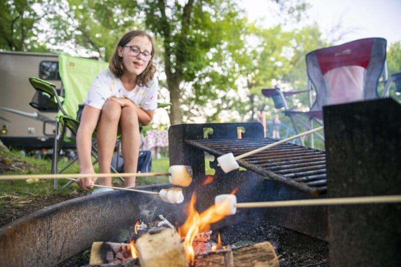 A girl crouches by a campfire, roasting marshmallows on skewers, with outdoor camping chairs and trees visible in the background.