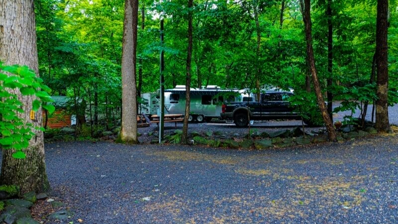 A silver travel trailer and a black pickup truck are parked at a wooded campsite surrounded by green trees and gravel paths.
