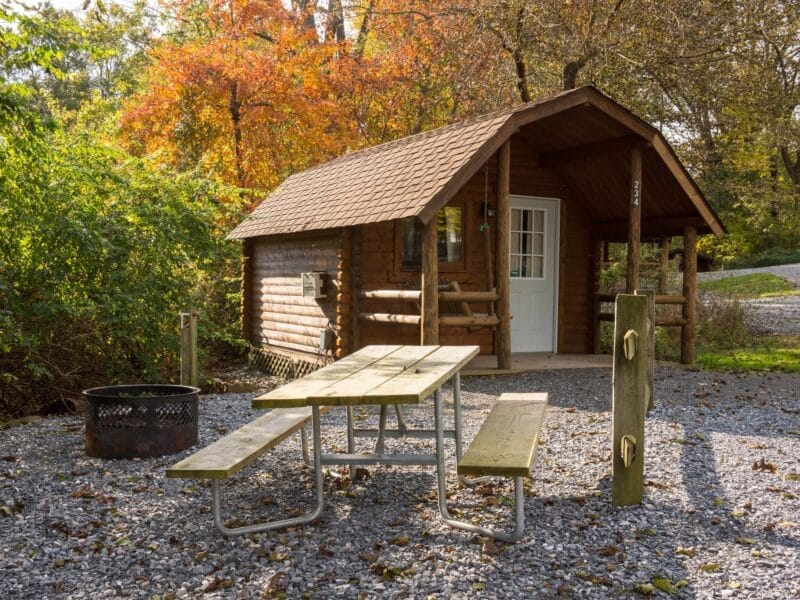 A small log cabin with a covered porch sits near a wooden picnic table and fire ring on a gravel area, surrounded by autumn trees.