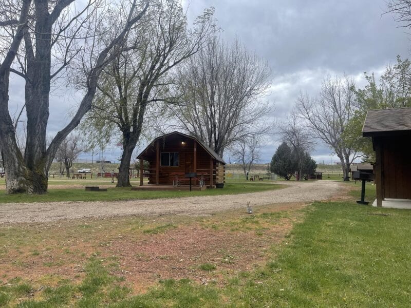 A small wooden cabin sits beside a gravel path surrounded by trees and grass under an overcast sky.