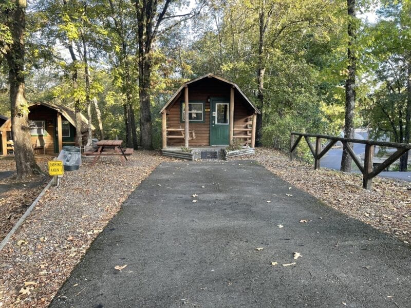 A small wooden cabin sits at the end of a paved driveway surrounded by trees, with a picnic table and a trash bin nearby.
