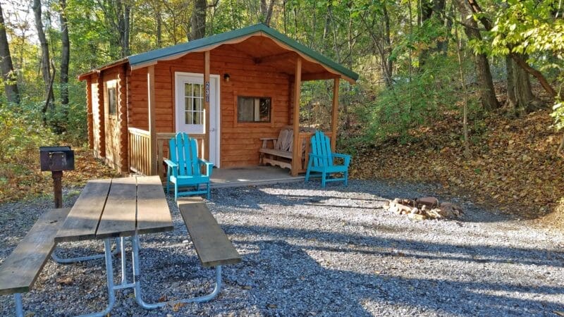 A small wooden cabin with a covered porch, two blue chairs, a picnic table, a grill, and a fire pit, surrounded by trees in a forested area.