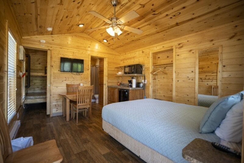 Cozy wooden cabin interior with a bed, dining table, TV, kitchenette, and open bathroom door; wood-paneled walls and ceiling add a rustic feel.