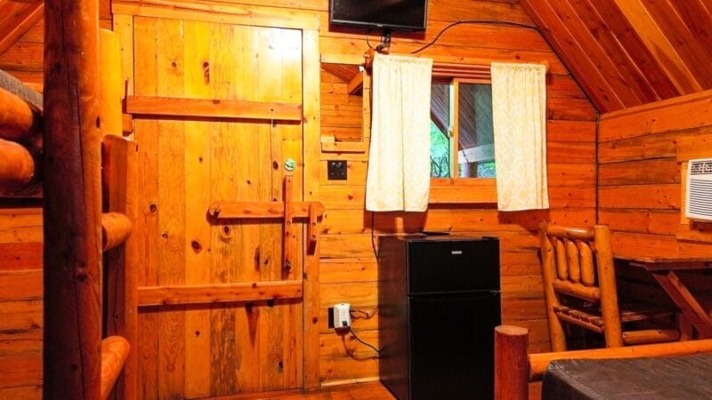 Interior of a rustic wooden cabin with a door, small window with curtains, black mini fridge, TV, air conditioner, wooden chair, and part of a bunk bed visible.