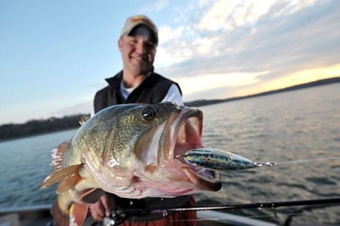 A person on a boat holds a large fish with its mouth open, showing a fishing lure caught on its lip. A body of water and cloudy sky are in the background.