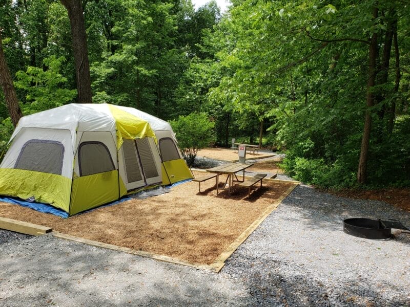 A large tent set up on a mulched campsite with a picnic table, fire ring, and trees surrounding the area.