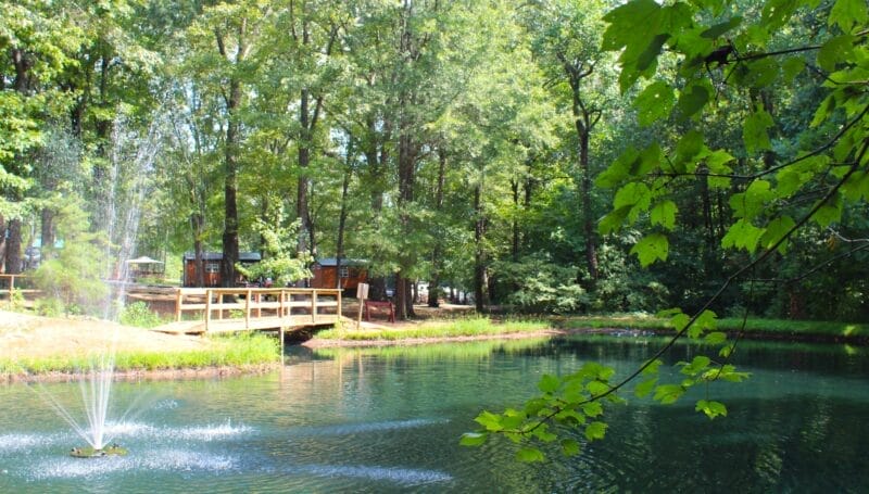 A small fountain sprays water in a pond surrounded by trees, with a wooden footbridge and cabins visible in the background.
