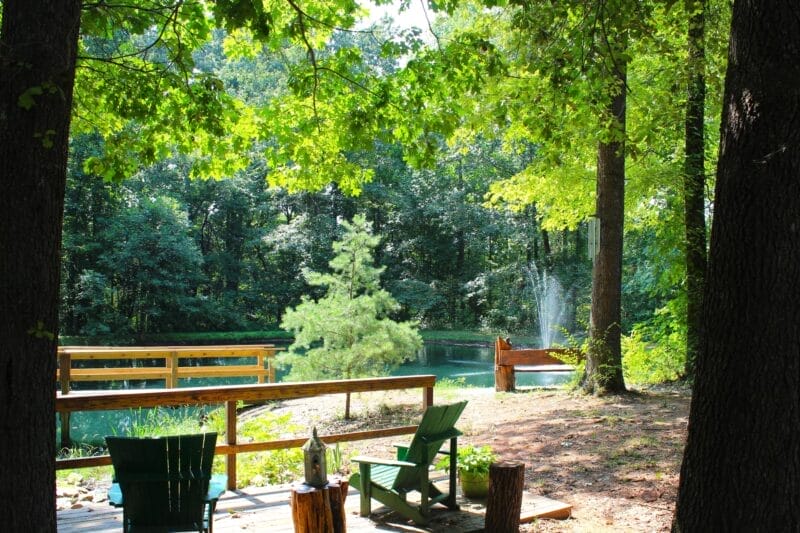 A wooden deck with two green chairs and a small table overlooks a pond with a fountain, surrounded by trees and greenery on a sunny day.