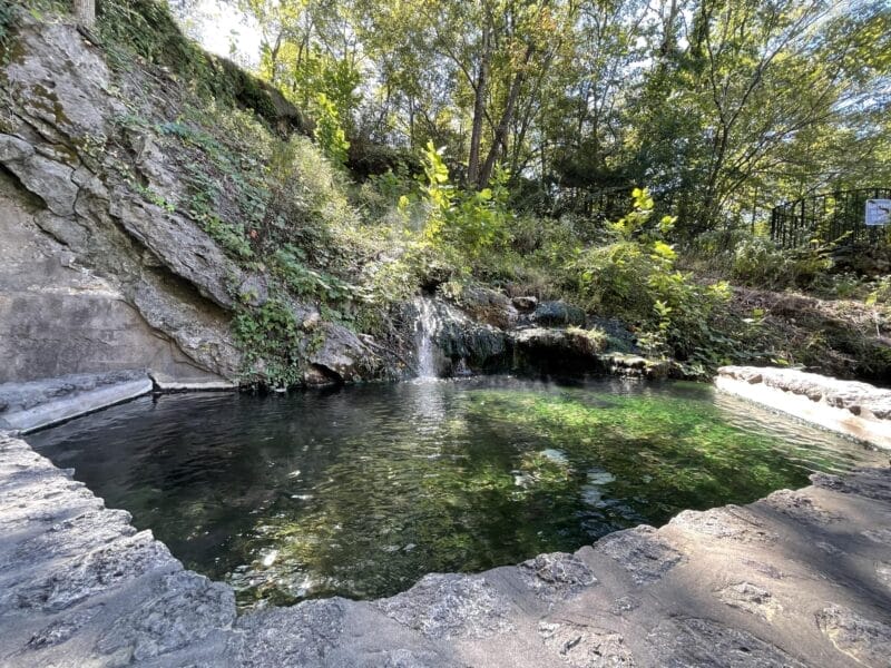 A small, clear natural spring pool with stone edges, surrounded by rocks and greenery, with sunlight filtering through trees above.