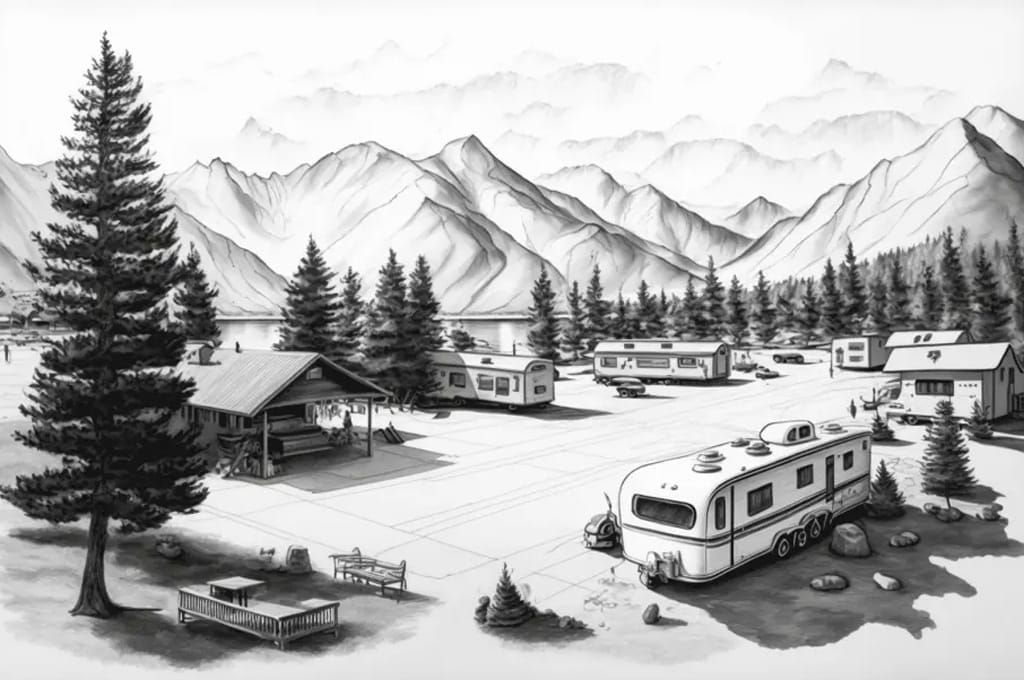 Black and white illustration of a campground with RVs, a cabin, and trees. Mountains and a lake are in the background.
