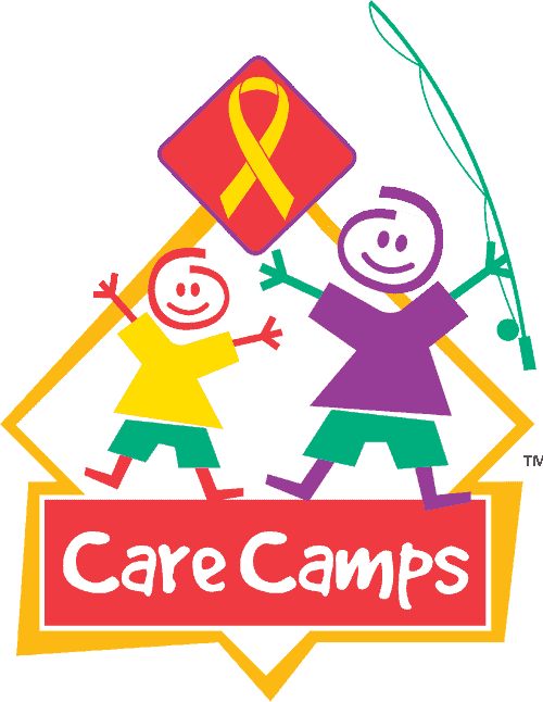 Illustration of two joyful stick figures with a fishing pole, wearing yellow and purple, beneath a red sign reading "Care Camps" with a yellow and red ribbon above.