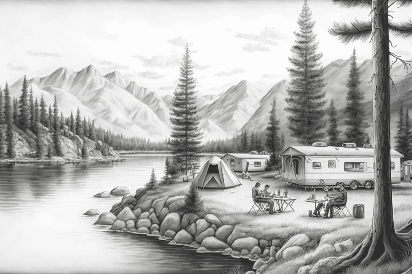Two people sit at a table near tents and a camper by a lake, with mountains and trees in the background. Black and white drawing.