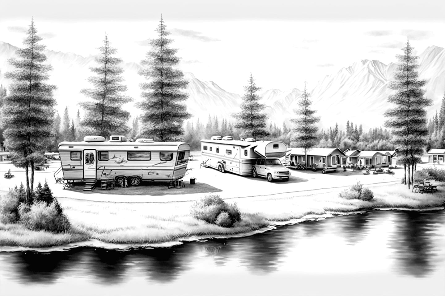 Several RVs and cabins are parked near a serene lakeside, surrounded by tall pine trees and distant mountains in a black-and-white landscape.