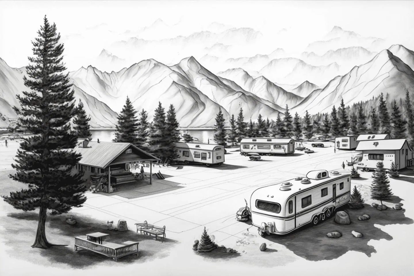 Black and white illustration of a mountain campsite with RVs, pine trees, and a log cabin. Mountains and a lake are visible in the background.