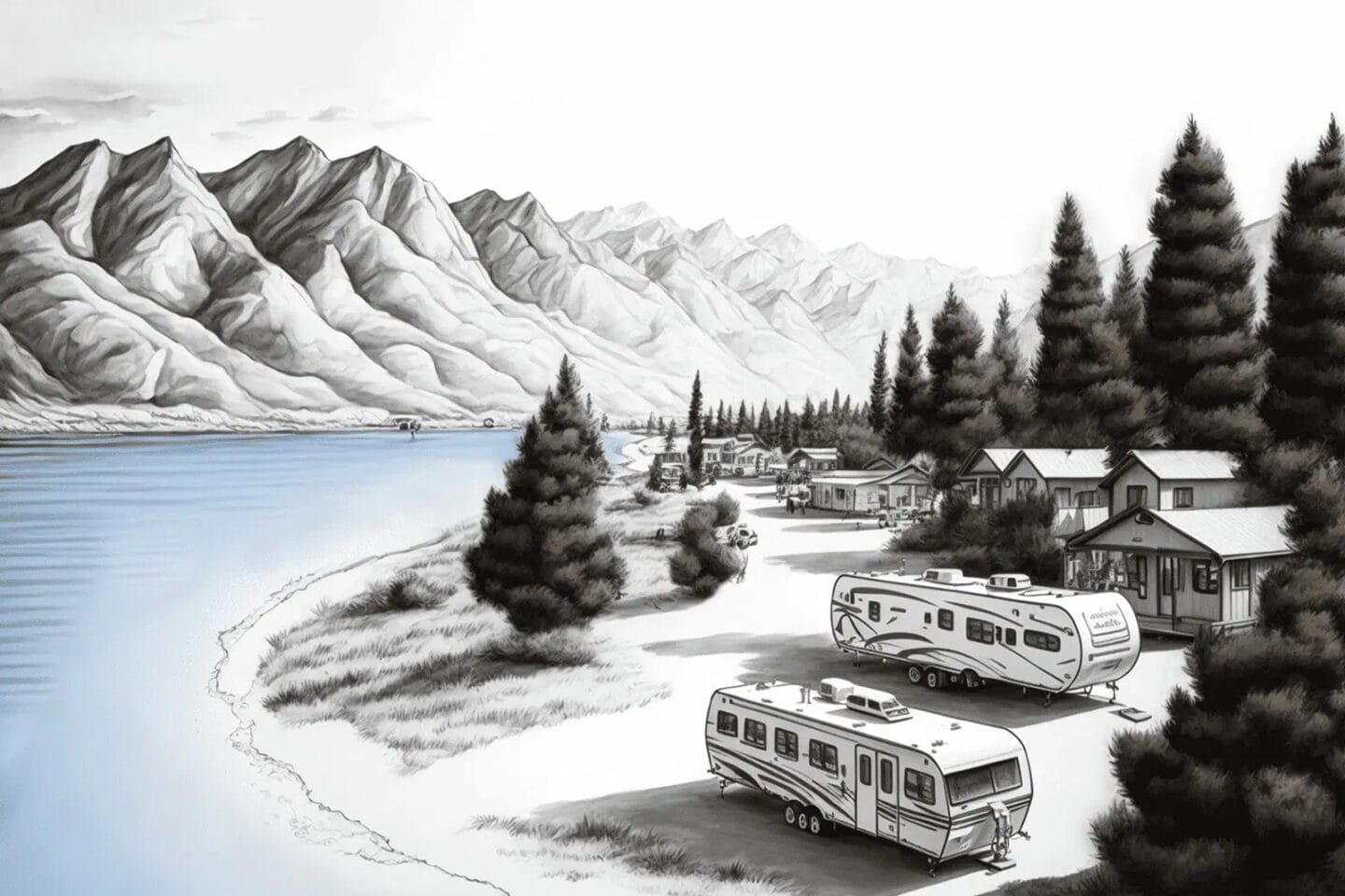 Black and white image of lakeside cabins and RVs surrounded by pine trees, with mountains in the background and calm water in the foreground.