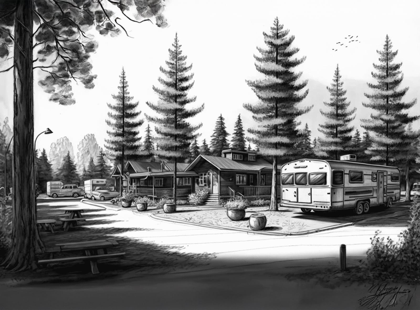 Black and white image of an RV park with several motorhomes and small cabins surrounded by tall pine trees; picnic tables and potted plants line the area.