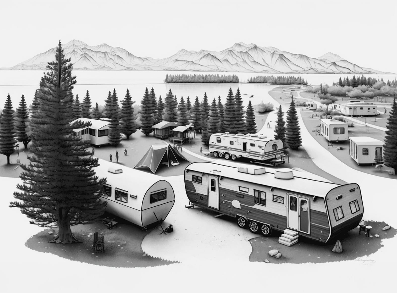 A campground with multiple RVs and tents among pine trees, set near a lake with mountains in the background. Several people are walking around the campsite.