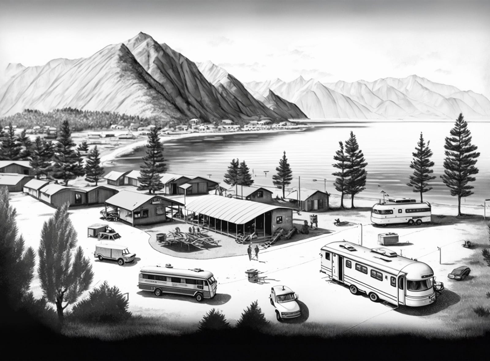 A lakeside campground with cabins, parked RVs, vehicles, and people, set against a backdrop of mountains and water, depicted in black and white.