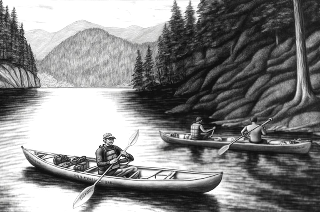 Two people canoe on a calm lake surrounded by forest and mountains. Another person in the foreground paddles a separate canoe, all in a black and white sketch style.